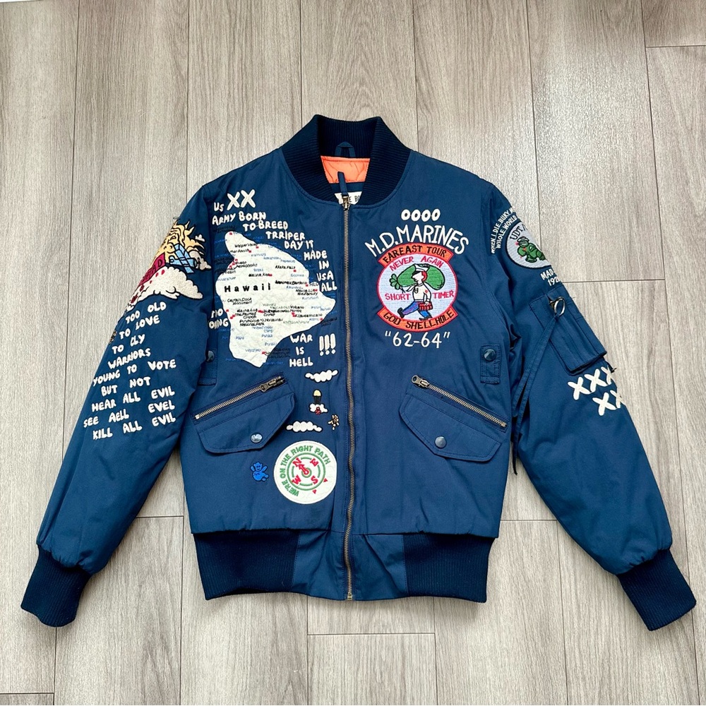 The Madness Embroidered Patchwork Puffer Bomber Flight Jacket Navy